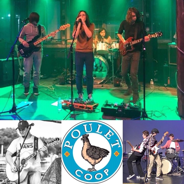 bands performing on stage with poulet coop logo in the middle