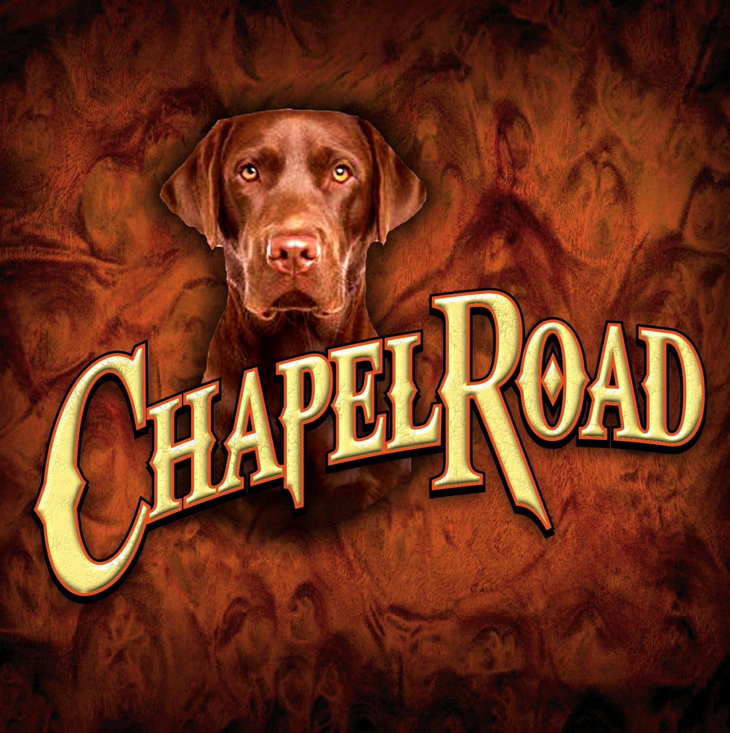 chapel road printed on brown background with chocolate lab