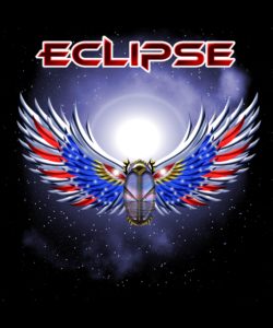 abstract art displaying beetle with red white and blue wings and the word eclipse above