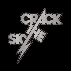 crack the sky in silver rock band letters with black background